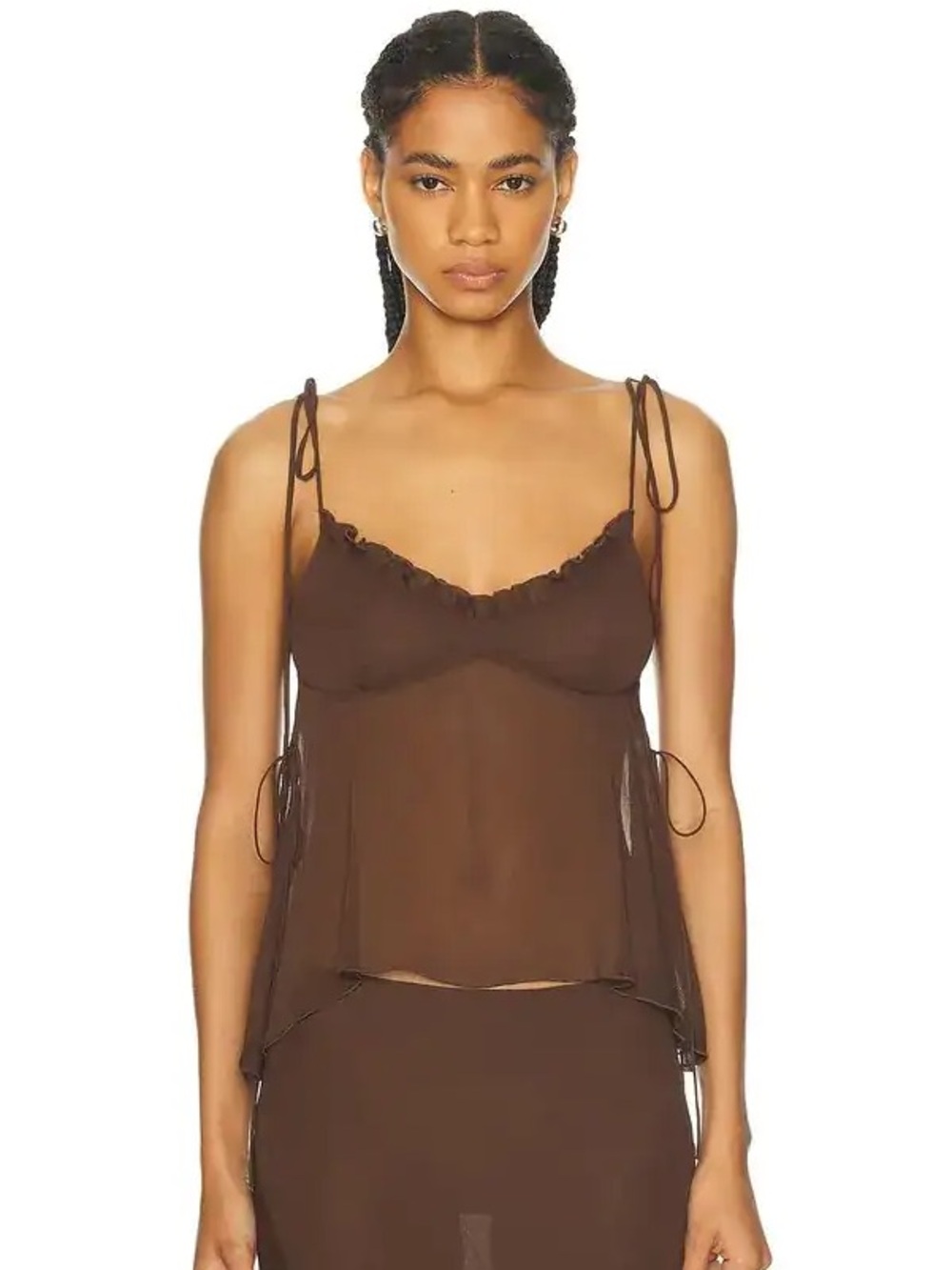 New Priscavera Chiffon Cami Sheer Babydoll Chocolate Brown Dainty Ruffle Fairy M